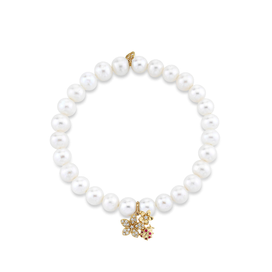 Gold & Diamond Plumeria Ladybug Cluster on Pearls - Sydney Evan Fine Jewelry