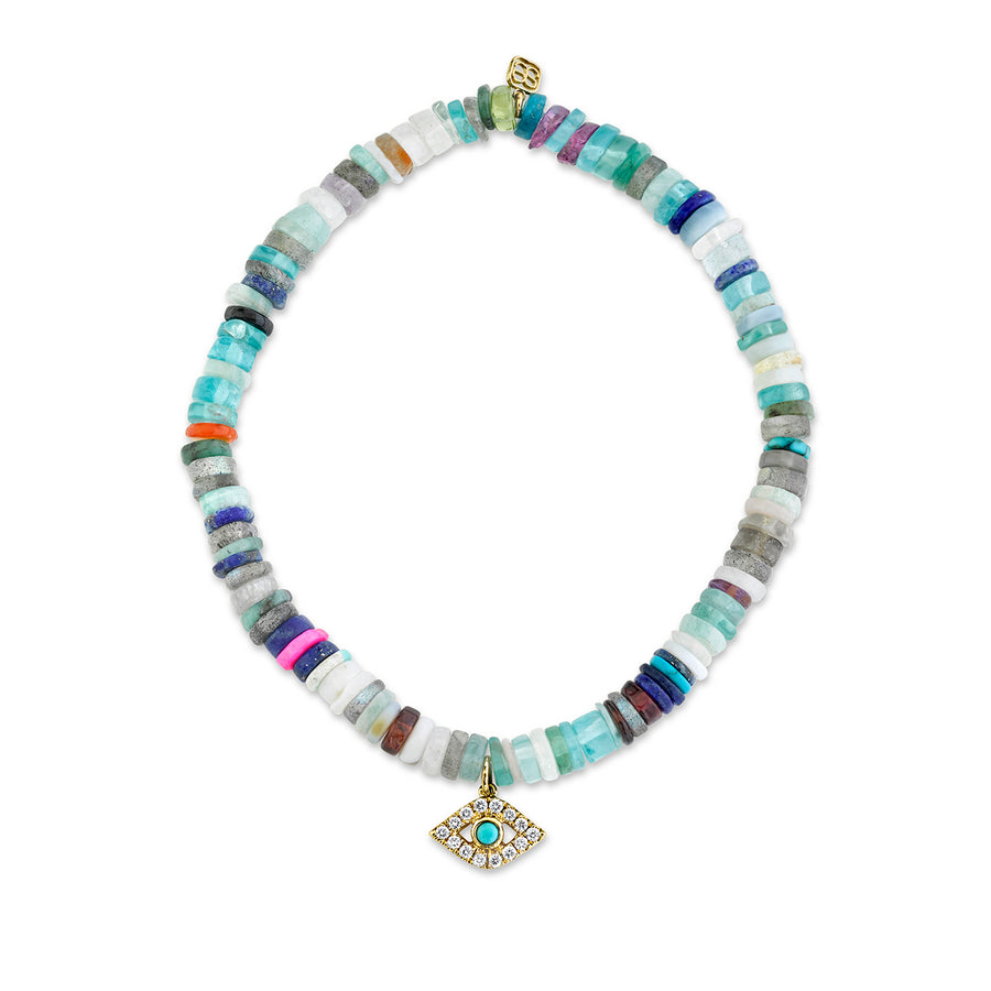 Gold & Diamond Bezel Evil Eye with Turquoise on Rainbow Heishi - Sydney Evan Fine Jewelry