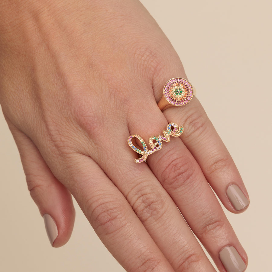 Gold & Rainbow Love Script Block Signet Ring - Sydney Evan Fine Jewelry