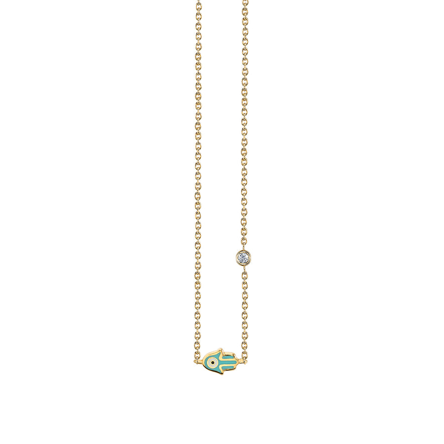 Gold & Turquoise Mini Enamel Hamsa Necklace with Bezel Set Diamond - Sydney Evan Fine Jewelry