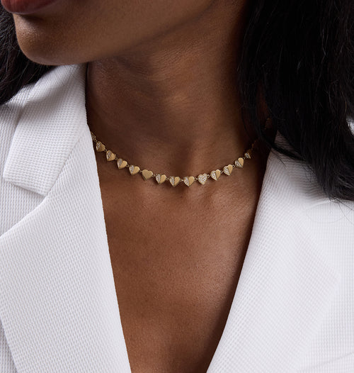 Gold & Diamond Half Pave Heart Eternity Necklace