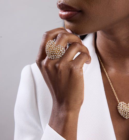 Gold & Diamond Burst Flower Heart Ring