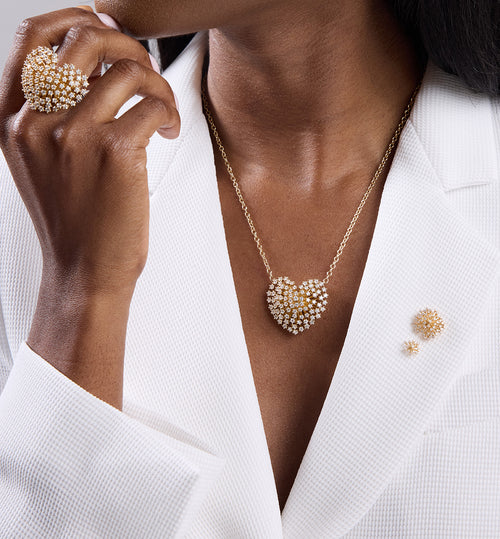 Gold & Diamond Large Heart Burst Flower Necklace