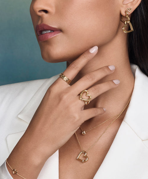 Gold Fluted Double Heart Hoops