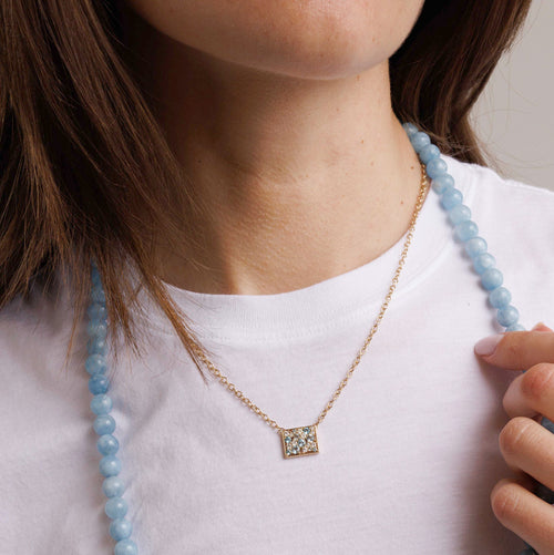 Gold & Diamond Aquamarine Rectangular Frame Cocktail Fixed Necklace