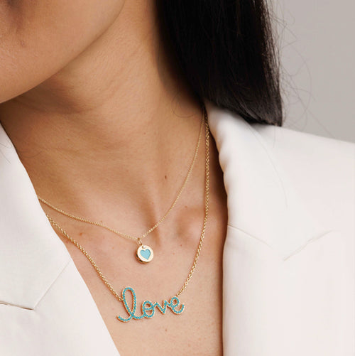 Gold & Diamond Turquoise Heart Stone Inlay Icon Charm