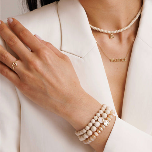 Gold & Diamond Mother of Pearl Pave Stone Inlay Heart Icon Bead on Cream Jasper