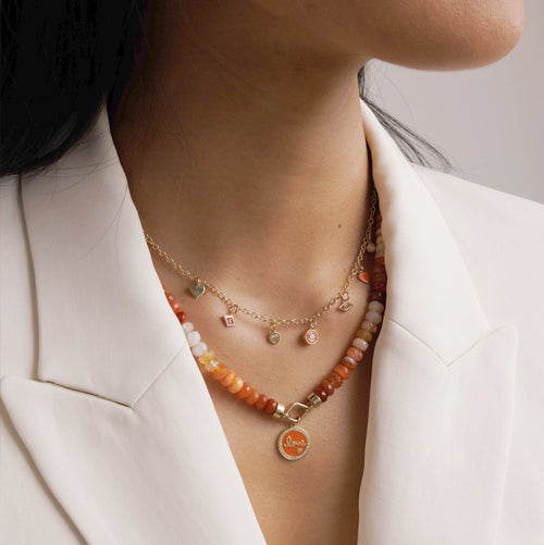 Gold & Diamond Love Script Tableau Medallion with Pave Border on Fire Opal Beaded Necklace