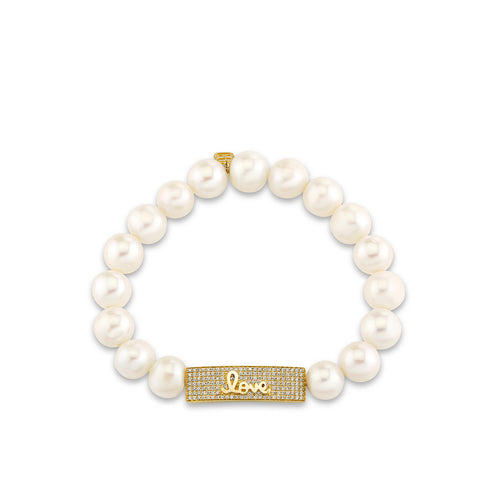 Gold & Diamond Love Script Pave Tableau on Pearls