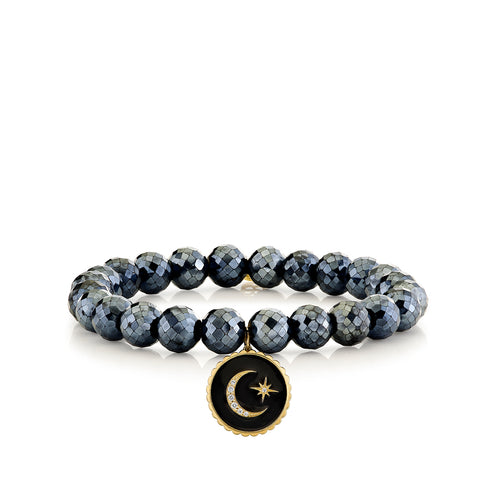 Gold & Diamond Celestial Medallion with Scalloped Edge on Black Spinel