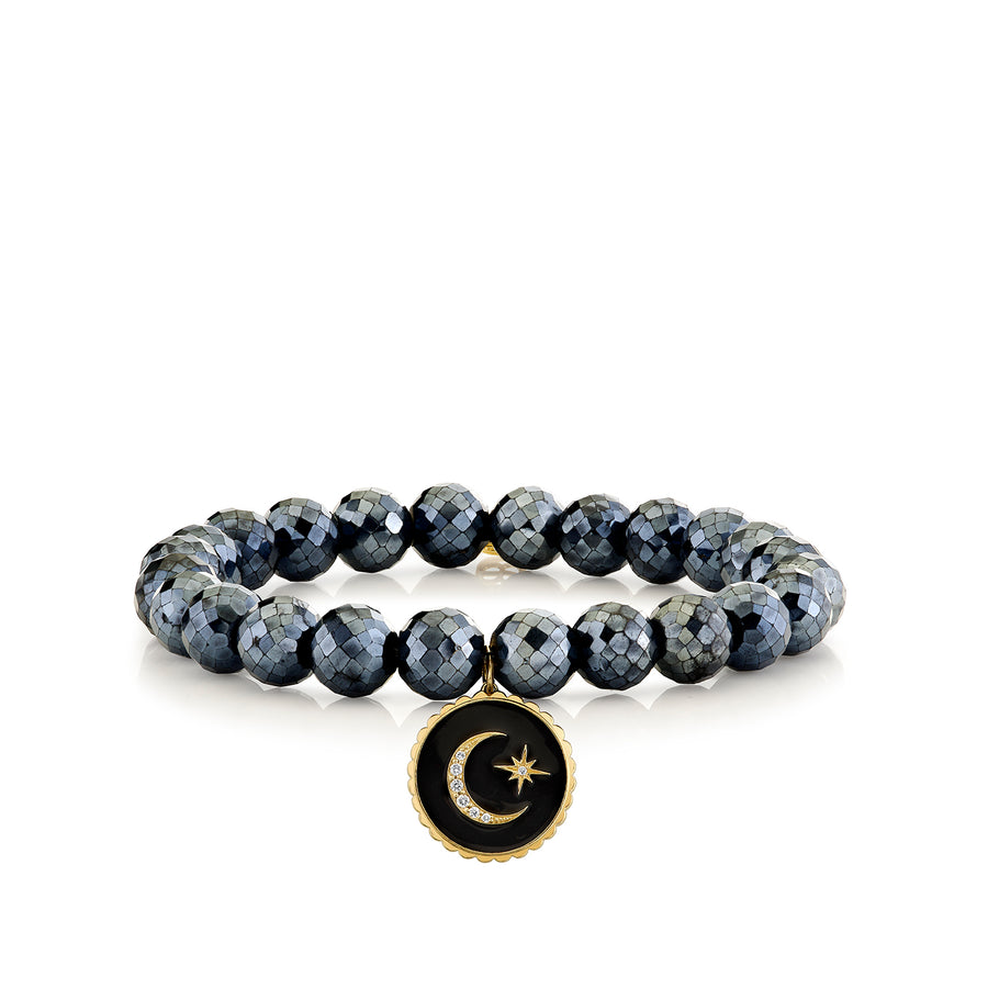 Gold & Diamond Celestial Medallion with Scalloped Edge on Black Spinel - Sydney Evan Fine Jewelry