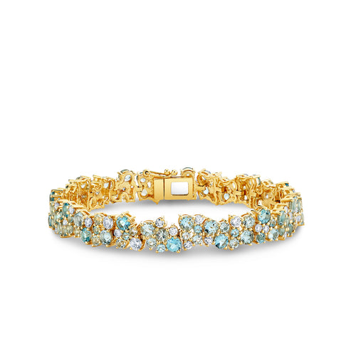 Gold & Diamond Blue Topaz Aquamarine Wide Cocktail Bracelet