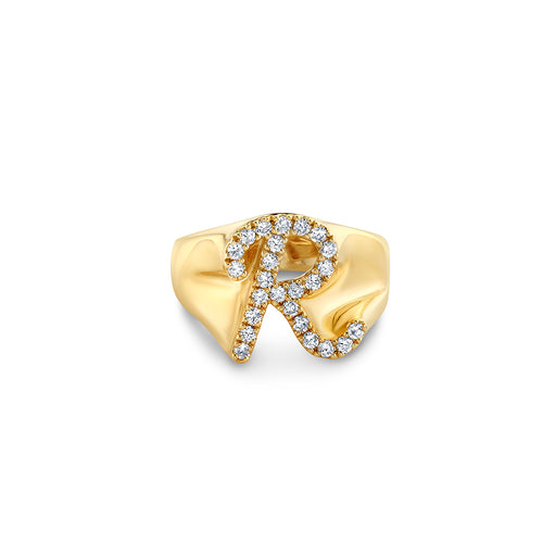 Gold & Diamond Large Script Initial "R" Signet Ring