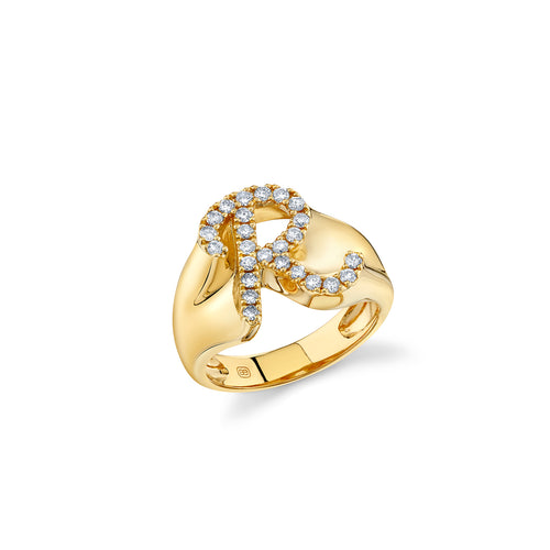 Gold & Diamond Large Script Initial "R" Signet Ring