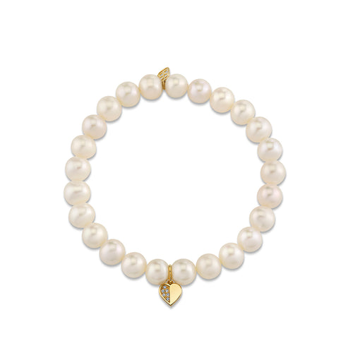 Gold & Diamond Half Pave Heart on Pearls