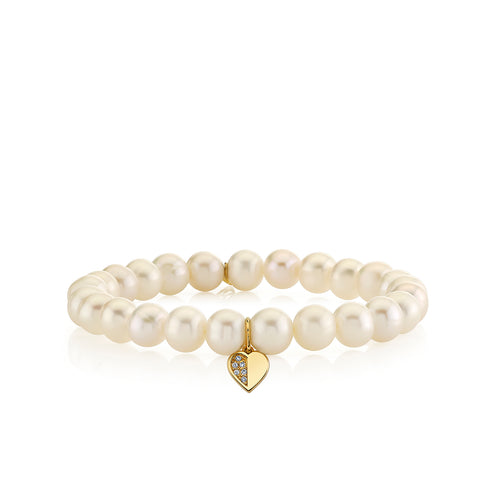 Gold & Diamond Half Pave Heart on Pearls
