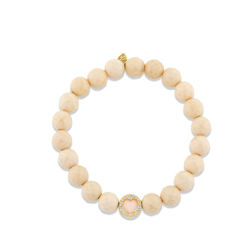 Gold & Diamond Pave Stone Inlay Heart Icon Bead on Cream Jasper