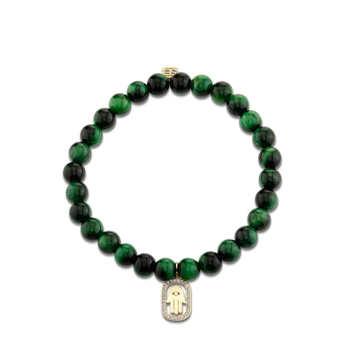 Gold & Diamond Hamsa Open Icon Charm on Green Tiger Eye