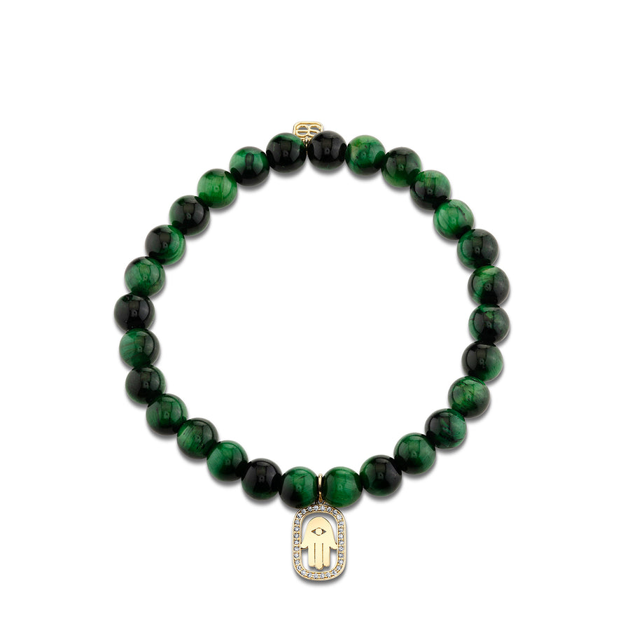 Gold & Diamond Hamsa Open Icon Charm on Green Tiger Eye - Sydney Evan Fine Jewelry