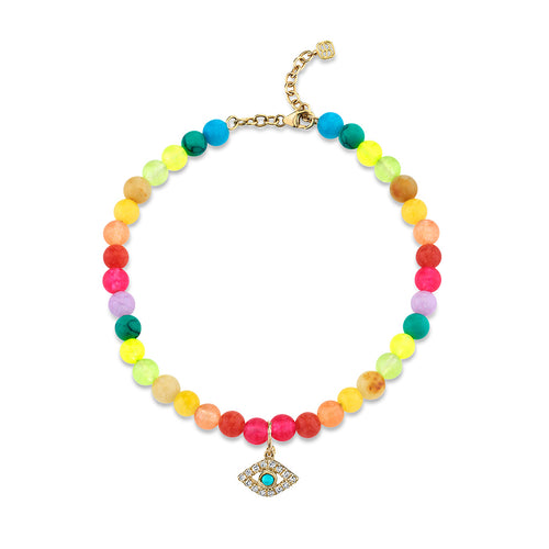 Gold & Diamond Turquoise Eye on Rainbow Jade Anklet
