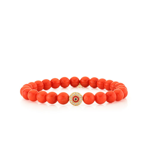 Gold, Diamond & Enamel Round Eye Bead on Peach Coral