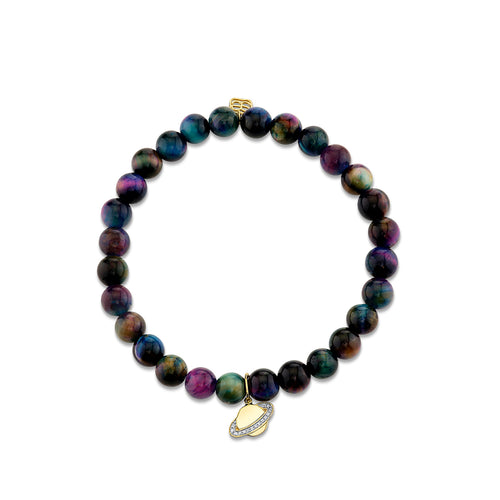 Gold & Diamond Small Saturn on Rainbow Tiger Eye