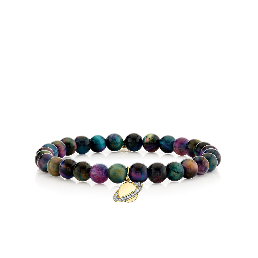 Gold & Diamond Small Saturn on Rainbow Tiger Eye - Sydney Evan Fine Jewelry