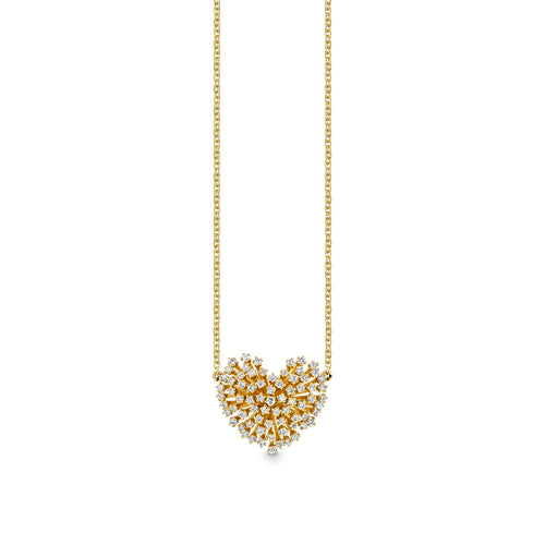 Gold & Diamond Small Stone Heart Shaped Burst Flower Necklace