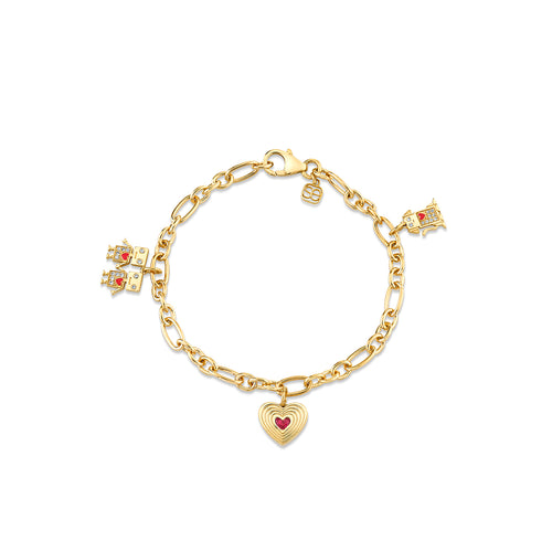 Gold, Diamond & Ruby Robot Heart Charm Bracelet