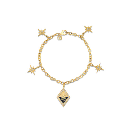 Gold & Diamond Multi Starburst and Sundial Medallion Charm Bracelet