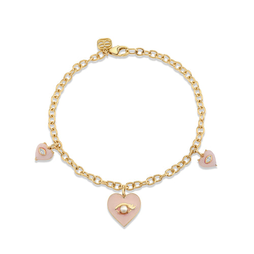 Gold & Diamond Multi Pink Heart Charm Bracelet