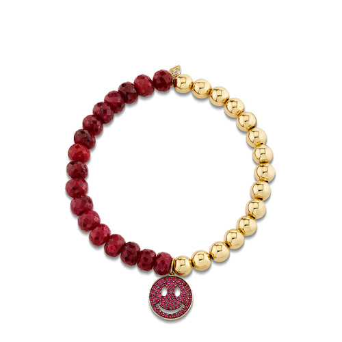 Gold & Ruby Happy Face on Ruby and Gold Beaded Bracelet