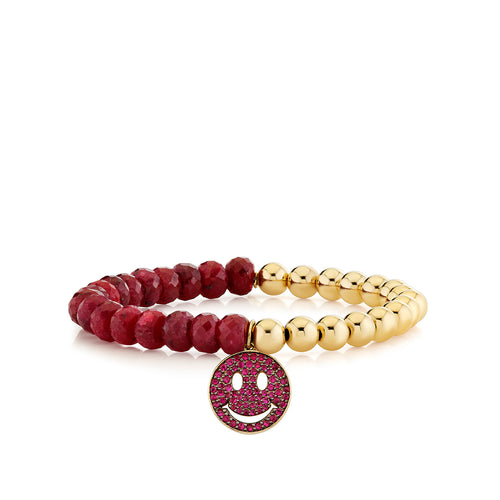 Gold & Ruby Happy Face on Ruby and Gold Beaded Bracelet