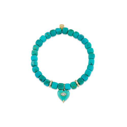 Gold & Diamond Square Rondelle and Heart on Turquoise Matrix Cube Beaded Bracelet