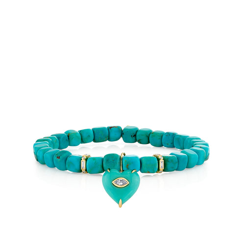 Gold & Diamond Square Rondelle and Heart on Turquoise Matrix Cube Beaded Bracelet