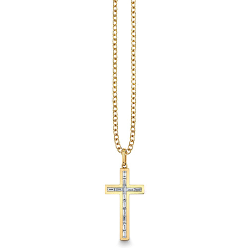 Gold & Diamond Channel Set Baguette Cross Charm