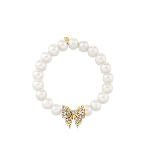 Gold & Diamond Pave Bow Bead on Pearls
