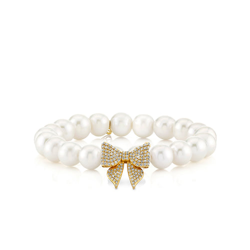 Gold & Diamond Pave Bow Bead on Pearls