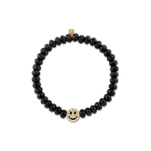 Gold & Diamond Onyx Inlay Happy Face Icon Bead on Black Spinel