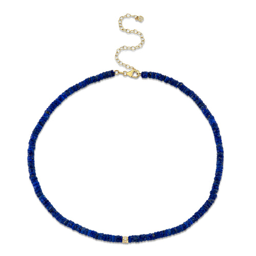 Gold & Diamond Rondelle Lapis Heishi Necklace