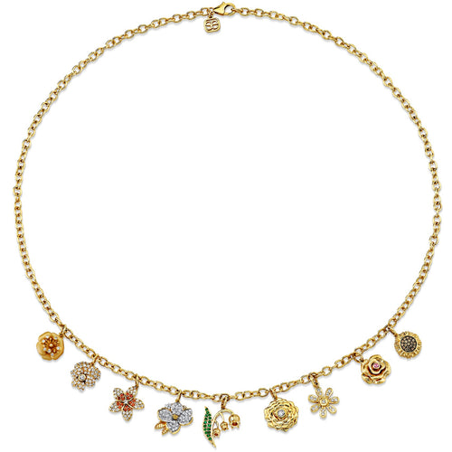 Gold & Diamond Small Multi-Charm Floral Necklace