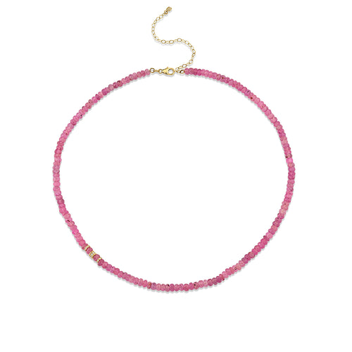 Gold & Diamond Pink Sapphire Faceted Rondelle Beaded Necklace
