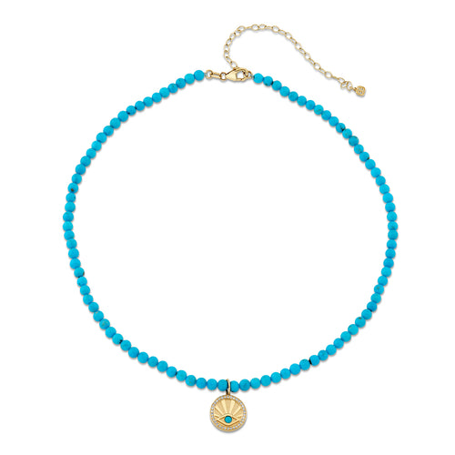 Gold & Diamond Eye Coin Blue Turquoise Necklace