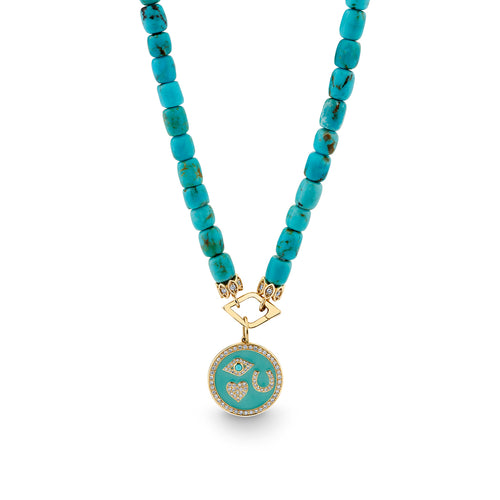 Gold & Diamond Multi Charm on Turquoise Necklace