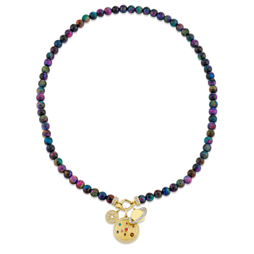 Gold & Diamond Celestial Charms on Rainbow Tiger Eye Necklace