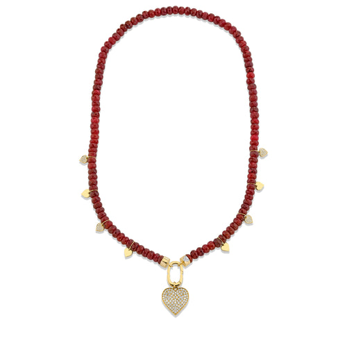 Gold & Diamond Multi Heart Charms on Ruby Corundum Necklace