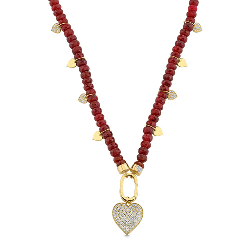 Gold & Diamond Multi Heart Charms on Ruby Corundum Necklace