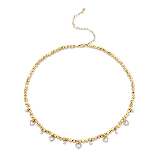 Gold & Diamond Open Heart & Pearl Charm Necklace