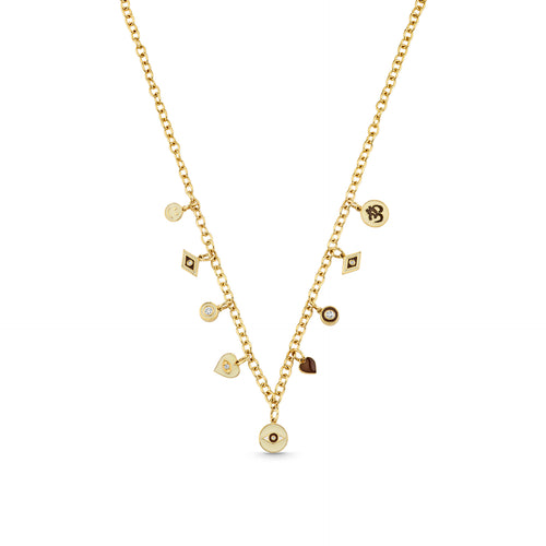 Gold & Diamond Coco and Cream Enamel Multi Charm Necklace