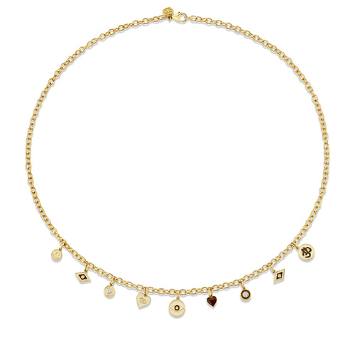 Gold & Diamond Coco and Cream Enamel Multi Charm Necklace
